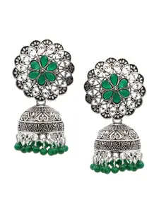 ASMITTA JEWELLERY Silver-Toned & Green Contemporary Jhumkas Earrings