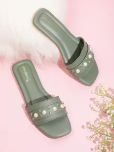 DressBerry Women Olive Green & Off-White Embellished Open Toe Flats