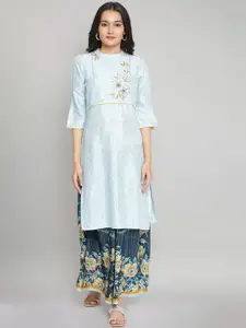 AURELIA Women Blue Floral Thread Work Straight Kurta