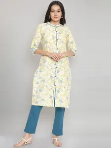 AURELIA Women Yellow & Blue Floral Thread Work Kurta