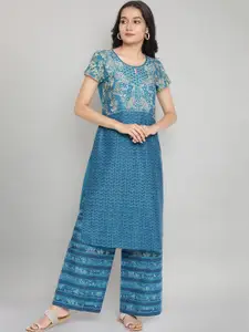 AURELIA Women Blue & Beige Geometric Printed Pure Cotton Kurta