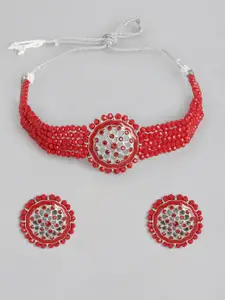 Anouk Red & Silver-Toned Stone-Studded & Beaded Choker Necklace Set