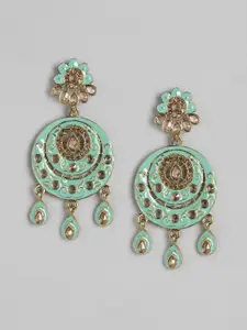 Anouk Gold-Toned & Green Stone Studded Enamelled Circular Drop Earrings