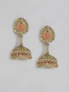 Anouk Gold-Toned & Peach-Coloured Enamelled Dome Shaped Jhumkas