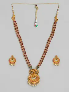 Anouk Maroon & Gold-Toned Stone-Studded & Beaded Temple Necklace Set