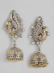Anouk Silver-Toned & Gold-Toned Oxidised Stone-Studded Peacock Dome Shaped Jhumkas