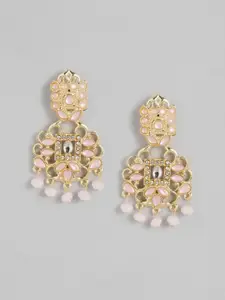 Anouk Gold-Toned & Pink Stone Studded & Beaded Classic Drop Earrings