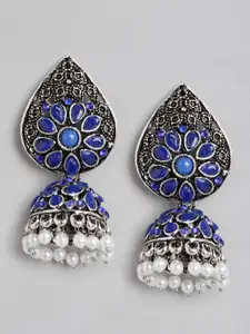 Anouk Oxidised Silver-Toned & Blue Stone Studded & Beaded Dome Shaped Jhumkas Earrings