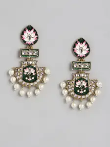 Anouk Gold-Toned & Green  Stone Studded & Beaded Enamelled Classic Drop Earrings