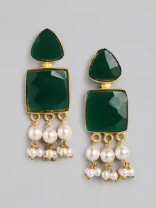 Anouk Green & White Stone Studded & Beaded Square Shaped Drop Earrings
