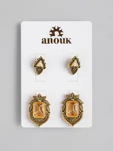 Anouk Set of 2 Gold-Toned Antique Stone Studded & Beaded Oversized Studs