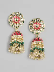 Anouk Pink & Gold-Toned Enamelled Stone-Studded & Beaded Floral Jhumkas