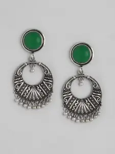 Anouk Green & Silver-Toned Oxidised Stone-Studded Circular Drop Earrings