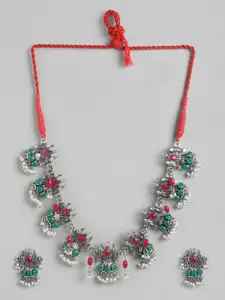 Anouk Oxidized Silver & Pink Stone Studded & Beaded Necklace