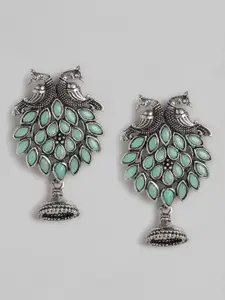 Anouk Oxidised Silver-Toned & Green Stone Studded Peacock Shaped Drop Earrings