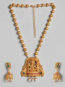 Anouk Women Gold-Toned & Green Goddess Laxmi Stone Studded & Beaded Temple Necklace