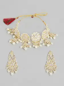 Anouk Off-White & Gold-Toned Stone-Studded & Beaded Floral Necklace Set
