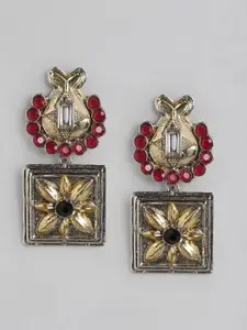 Anouk Gold-Toned & Pink Stone Studded  Square Drop Earrings
