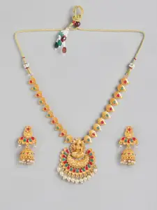 Anouk Women Gold-Toned & Pink Goddess Laxmi Stone Studded & Beaded Temple Necklace