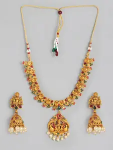 Anouk Pink & Gold-Toned Stone-Studded & Beaded Temple Necklace Set