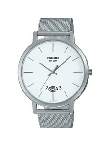 CASIO Men White Dial & White Stainless Steel Bracelet Style Straps Analogue Watch