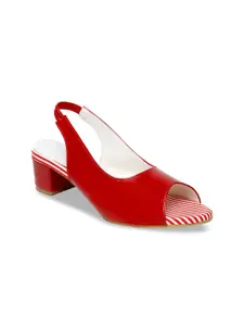 Misto Women Red Striped PU Peep Toes Block Heels