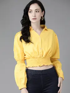 The Dry State Yellow Blouson Smocked Cotton Crop Top