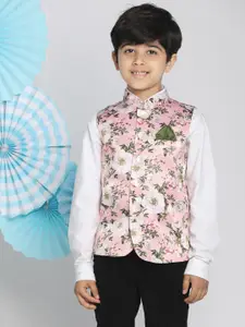 VASTRAMAY Boys Pink & Green Floral Digital Printed Slim-Fit Nehru Jacket