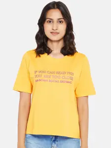 People Women Yellow & Pink Typography Printed T-shirt