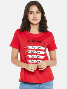People Women Red  White Typography Printed Pure Cotton T-shirt