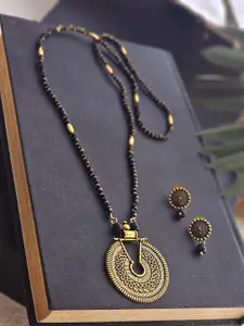 Binnis Wardrobe Black & Gold-Plated German Silver Mangalsutra & Earrings Set