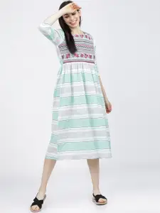 Vishudh Cream-Coloured & Blue Striped A-Line Midi Dress