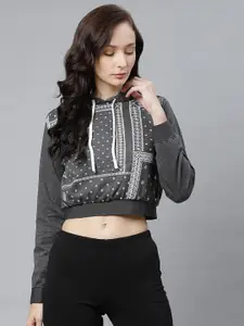 Hubberholme Women Charcoal Grey & White Geometric Print Hooded Cropped Sweatshirt