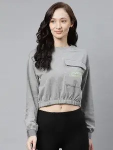 Hubberholme Women Grey Melange Typography Cropped Sweatshirt