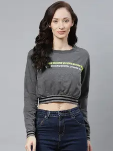 Hubberholme Women Charcoal Grey Brand Logo Print Cropped Sweatshirt