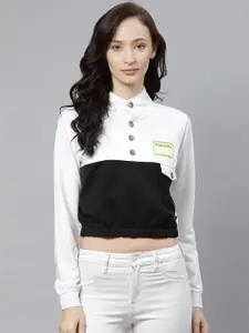 Hubberholme Women White & Black Colourblocked Cropped Sweatshirt