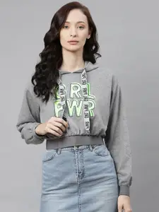 Hubberholme Women Grey Melange & Green Printed Hooded Sweatshirt