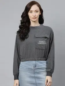 Hubberholme Women Charcoal Grey Solid Box Pocket Sweatshirt