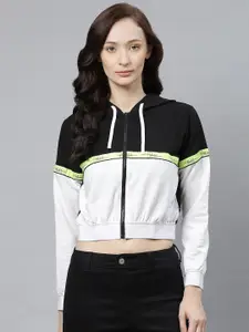 Hubberholme Women White & Black Colourblocked Hooded Cropped Sweatshirt