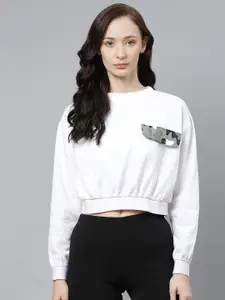 Hubberholme Women White Solid Cropped Sweatshirt