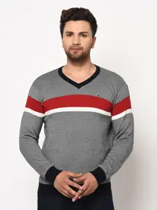 98 Degree North Men Grey & Red Striped Pullover