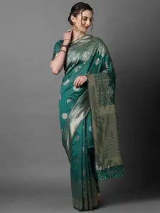 Mitera Teal Green & Gold-Toned Ethnic Motifs Zari Banarasi Saree