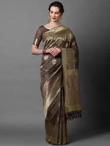 Mitera Brown & Bronze-Toned Floral Zari Silk Blend Banarasi Saree