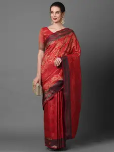 Mitera Red Satin Banarasi Woven Design Saree
