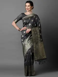 Mitera Grey & Gold Ethnic Motifs Silk Blend Banarasi Saree