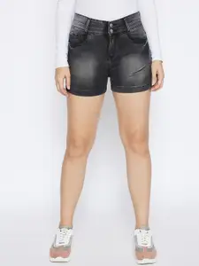 Crimsoune Club Women Black Washed Slim Fit Mid-Rise Denim Shorts