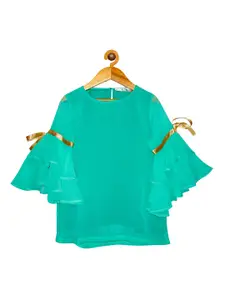 KiddoPanti Sea Green Bell Sleeve Georgette Regular Top