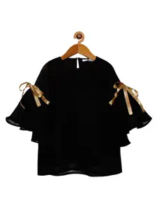 KiddoPanti Girls Black Solid Bell Sleeve Round Neck Georgette Regular Top