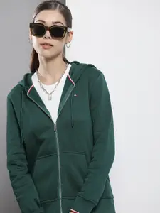 Tommy Hilfiger Women Green Hooded Front-Open Sweatshirt
