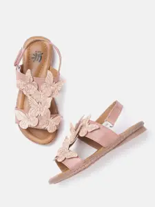 YK Girls Dusty Pink Textured Butterfly Applique Open Toe Flats